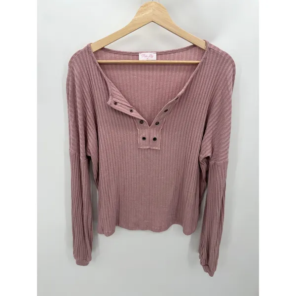 Pink‎ Lily Womens M Mauve Pink Ribbed Henley Top Boxy Relaxed Long Sleeve Casual - Image 2