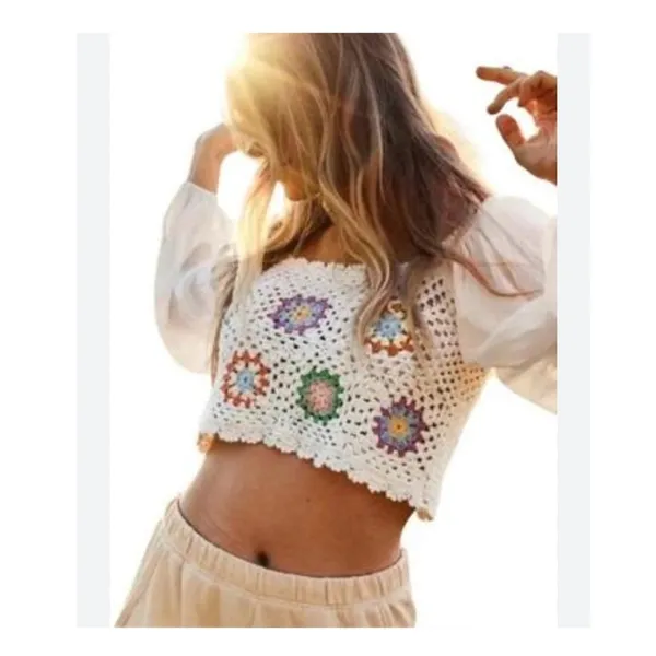 Aerie Crochet Granny Square Top Small White Long Sleeve Flowy Vacay Shirt Boho - Image 2
