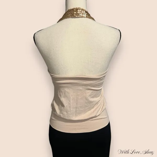 Y2K 2000s vintage deadstock Bebe tan and gold sequin halter top - Image 3
