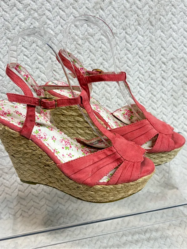 Bamboo Coral Red Espadrille Wedge Sandals 6 Floral T-Strap Cottagecore Y2K - Image 3
