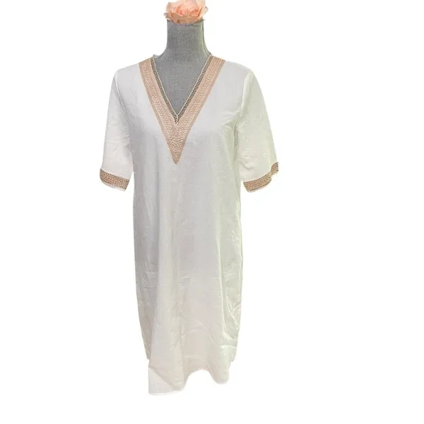Noracora Women Size S Cotton Shift Dress Mid Sleeve Cream Embroidered Lace Neck - Image 2