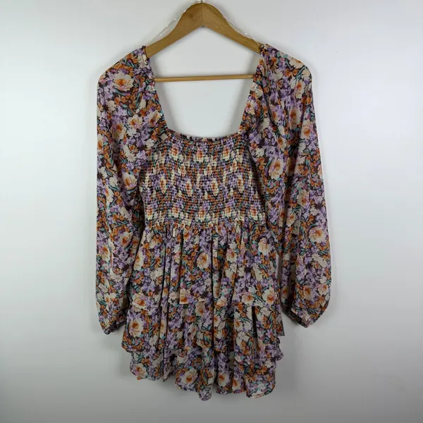 Entro Floral Smocked Tiered Mini Dress Romper Medium Cottage Boho Festival Flowy - Image 6