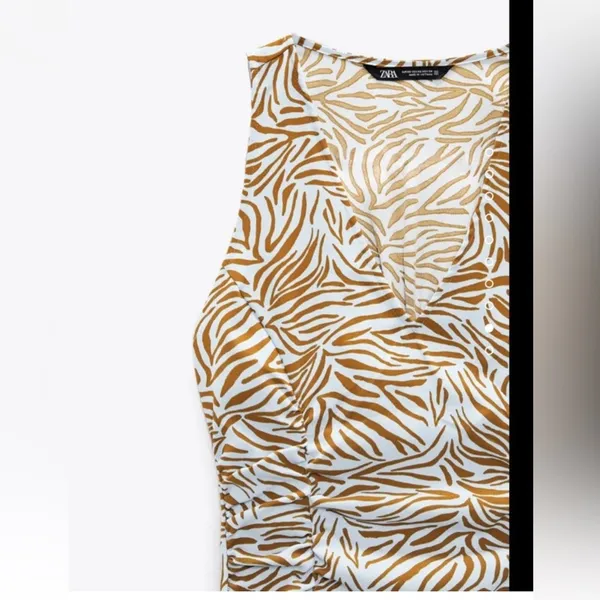 Zara White and Tan Zebra-Print Midi Dress with Side Slit - Image 5