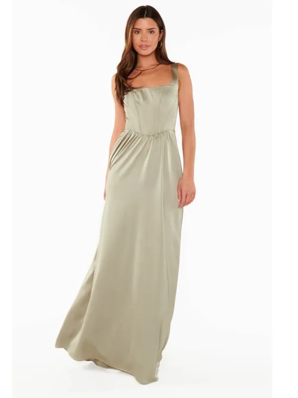 Show Me Your Mumu Nina Maxi Dress in Moss Green Luxe Satin Medium Corset - Image 2