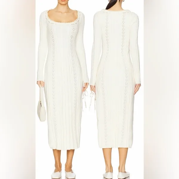NEW FREE PEOPLE Heart Of Gold Long Sleeves knitted Midi Dress in Egret ivory M - Image 2