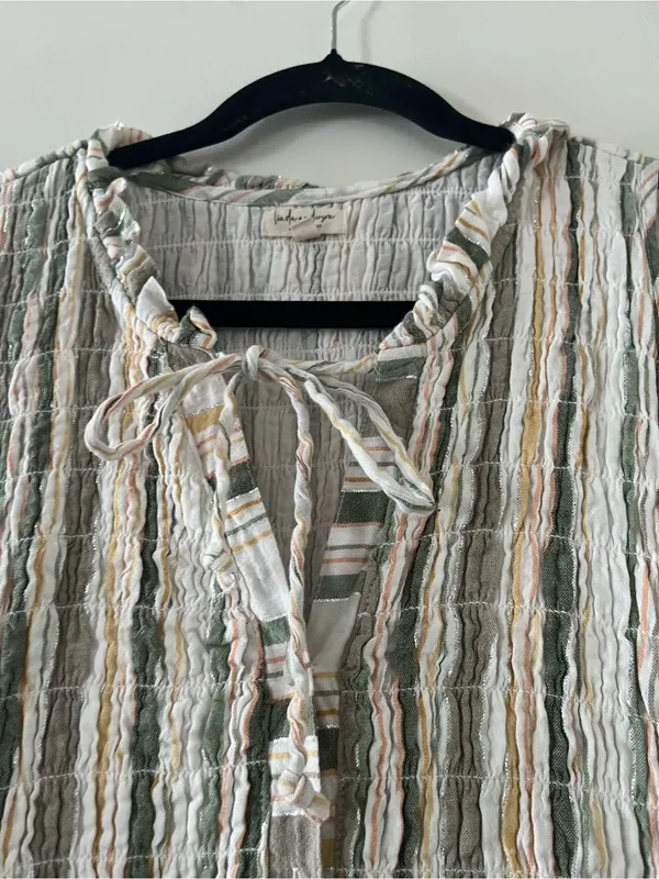 Green White Striped Cotton Tiered Button Up Maxi Dress Small Coastal Resort - Image 6