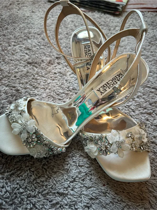 Badgley Mischka Ivory Satin Crystal Floral Open-Toe Heels - Image 3