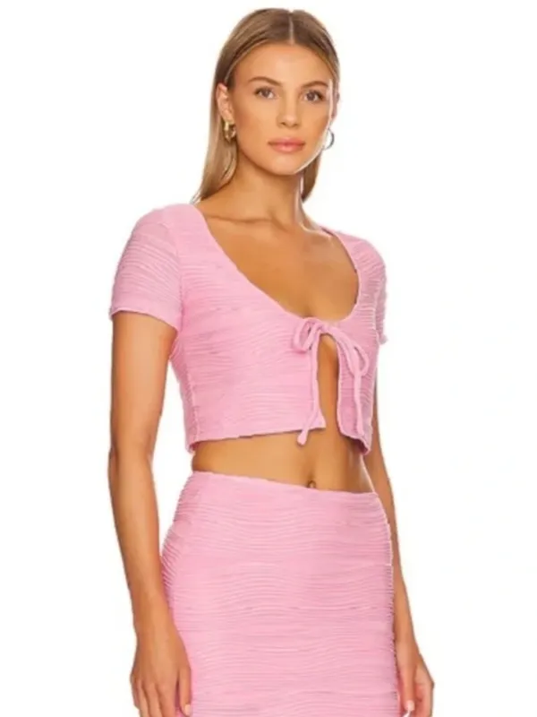 Superdown Open Front Tie Ribbed Textured Short Sleeve Crop Top Pink Womens Small - Image 2