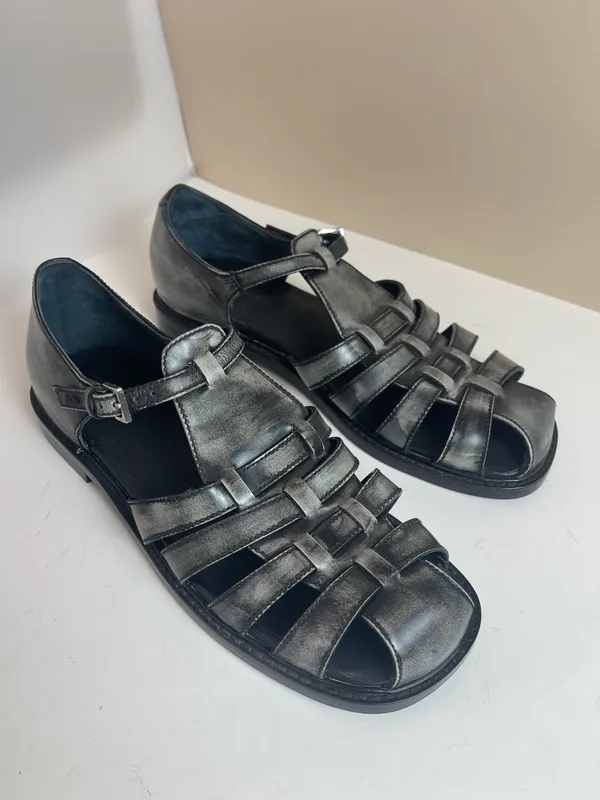 Free People Willow leather fisherman flat sandals distressed black Gladiator 8 - Image 5