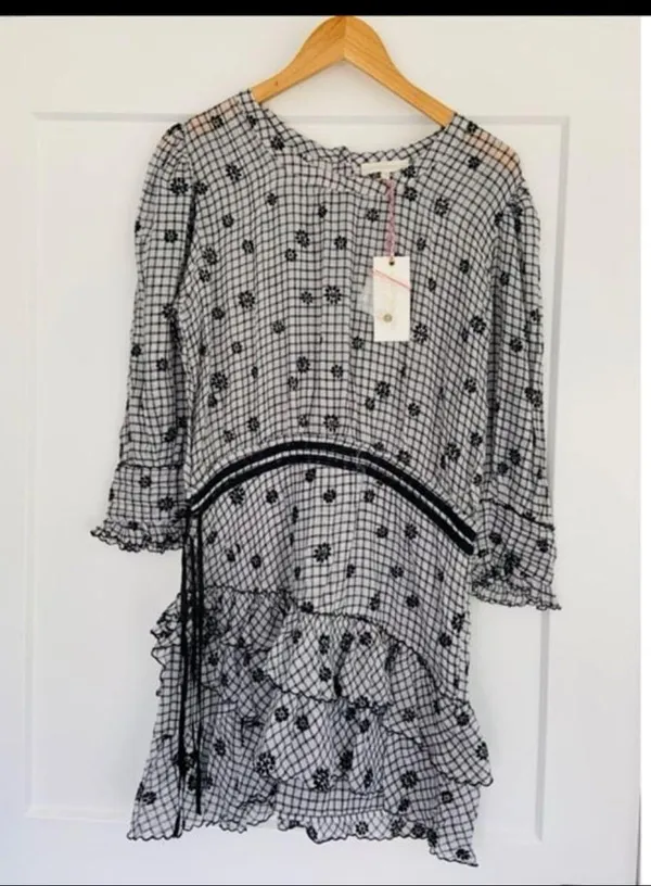 LoveShackFancy Lorelei Charcoal Floral Gingham Plaid Mini Dress Size Large - Image 3
