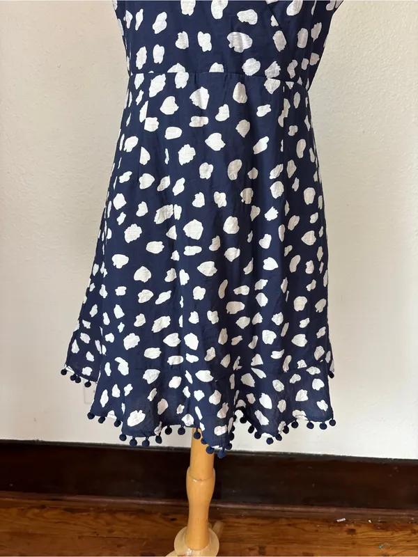 THML Navy Blue & White Pom Pom Trim V-Neck Sleeveless Dress - Image 4