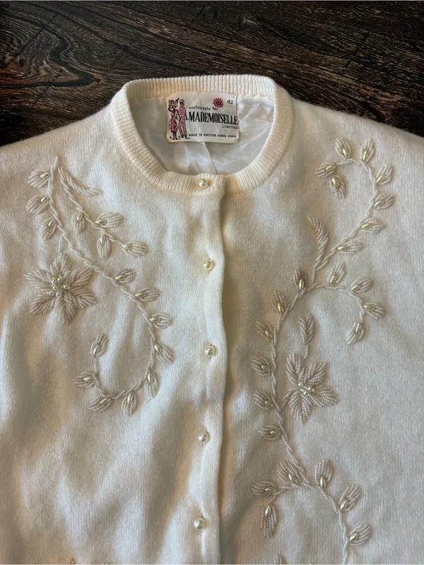 Mademoiselle Cardigan Women 42 US 8 Cream Excellent Vintage Floral Beaded Pearl - Image 3