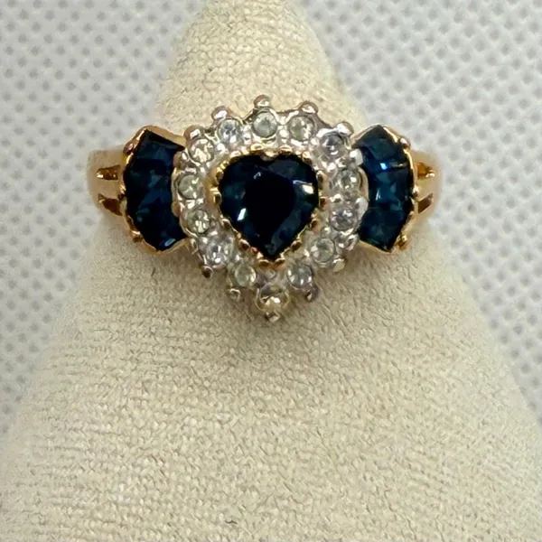 Vintage Nolan Miller Sapphire Blue Heart Crystal Ring Gold Tone - Image 6