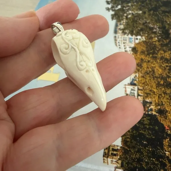 Hand Carved Raven Skull Pendant Sterling Silver - Image 6