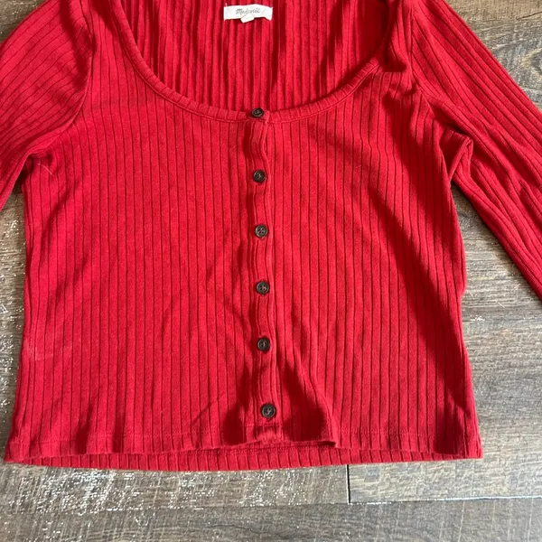 Madewell Scooped Neck Ribbed Cardigan Womens Large Red Academia Layer Y2K Preppy - Image 2