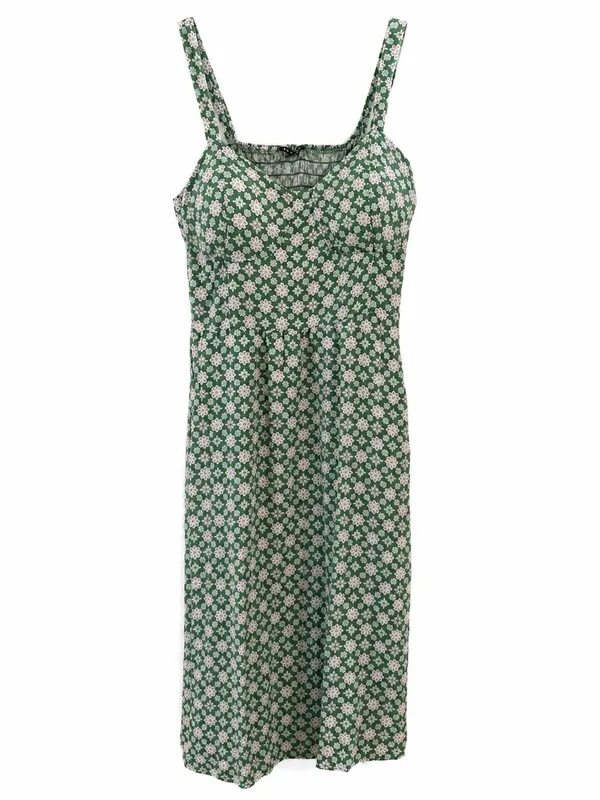As You Wish Green Floral Midi Dress XL Cottagecore Rayon Sundress Tie 2 Ways - Image 3