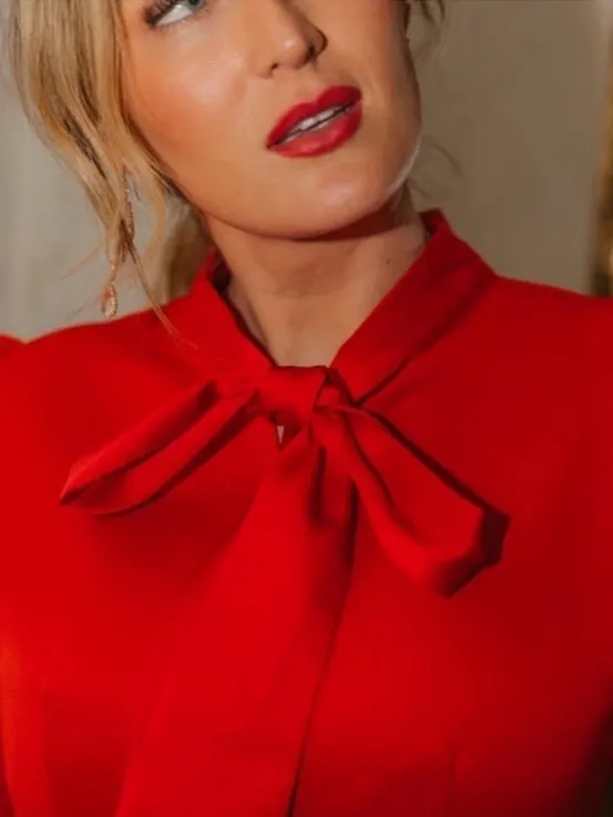 Ivy City Co. Pippa Long Sleeve Tie Bow Neck Knee Length Dress Satin Red XXS NEW - Image 3