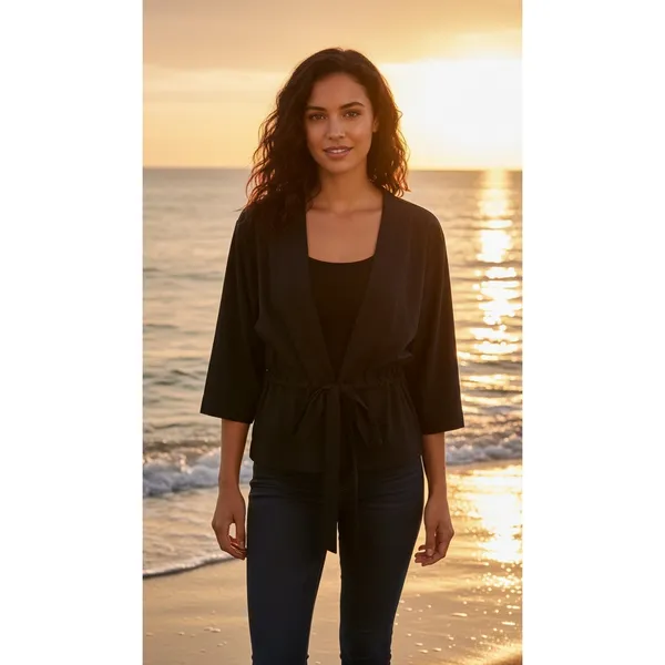 Columbia PFG Jacket‎ Womens Petite Small Black Open Front Wrap Tie Waist 3/4 - Image 2