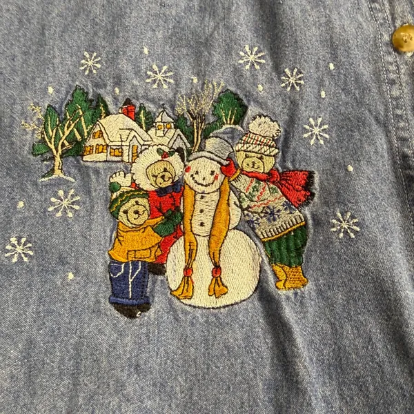 Bobbie Brooks Denim Shirt Women 18W/20W Winter Snowman Bear Christmas‎ Vintage - Image 4