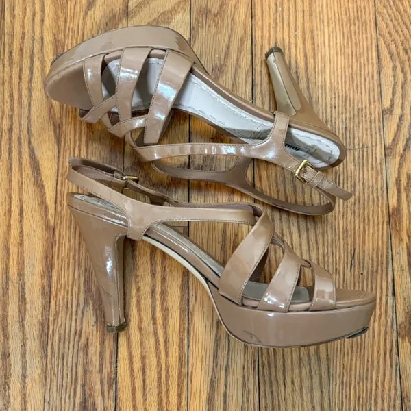 Miu Miu Tan Patent Leather Strappy Platform Slingback Heels Sandals size 39.5‎ - Image 6