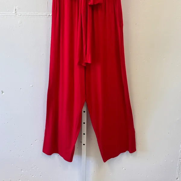 Venus Red Strapless Smocked Tie Front Wide Leg Jumpsuit Small Pockets Soft - Image 5