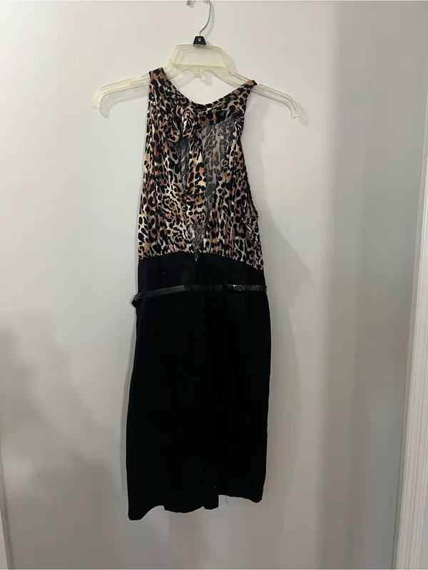 XOXO Leopard Print Bodice Black Skirt Open Back Dress - Image 6