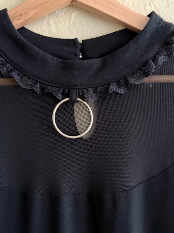 Hot Topic Black Short Sleeve Top with Mesh Yoke and Ring Accent - Image 3
