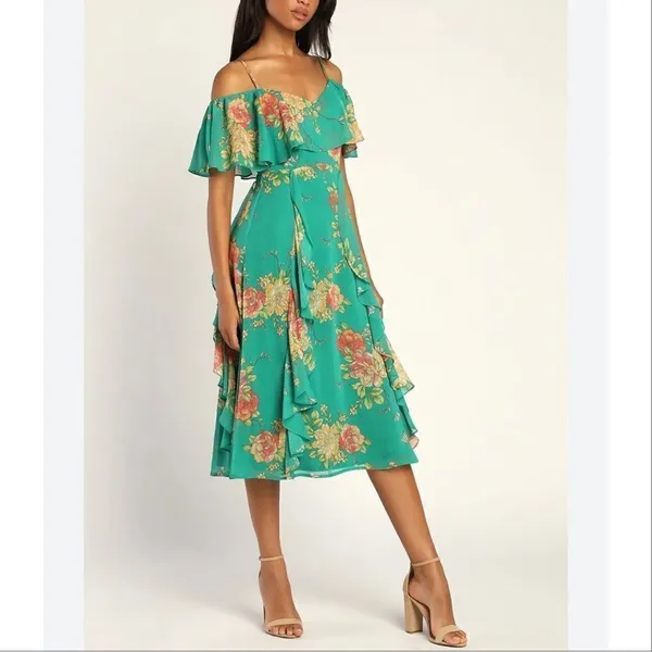 Lulus Romantic Love Floral Chiffon Ruffle Cold Shoulder Midi‎ Dress Green XS - Image 2