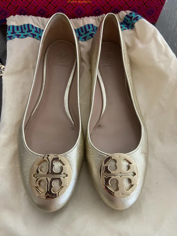 Tory Burch Claire Ballet Flats Spark Gold Metallic Leather Size 9 - Image 2