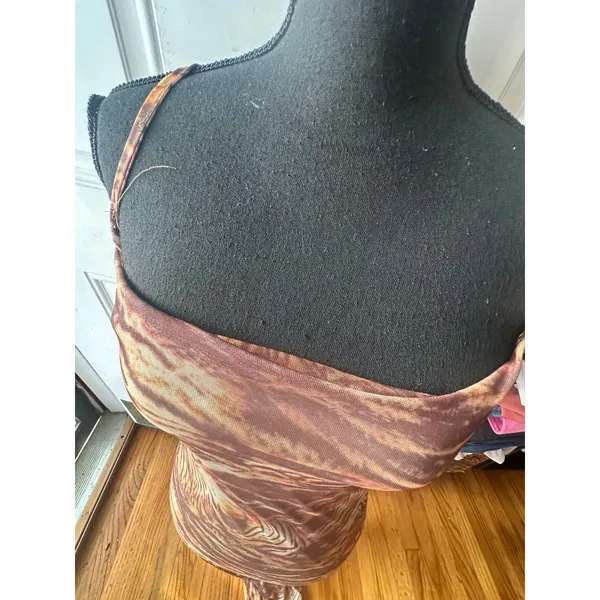 Y2K PrettyLittleThing Brown Zebra Mesh Ruched Maxi Dress Size 4 Bodycon - Image 2