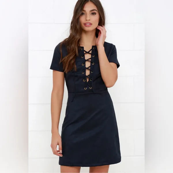 Lulus Closet Renovation Suede Lace-Up Fit & Flare Navy Blue Mini Dress Size‎ XS - Image 3