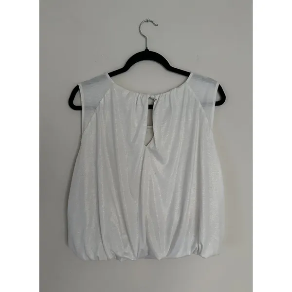 By Anthropologie Ivory White Shimmer Bubble Top Shirt SZ L Party Date Office EUC - Image 6