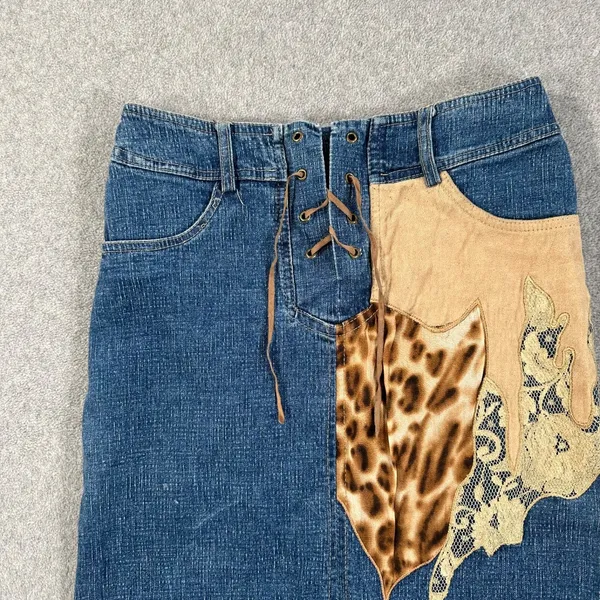 Y2k Patchwork Animal Print Midi Denim Skirt 27 Lace Up Cut Off Made in Italy - Image 3