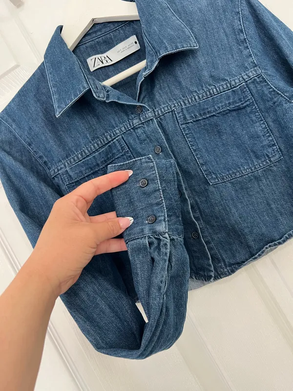 Zara Cropped Denim Shacket Utility Western Minimalist Y2K Button Up Blue Size XS - Image 9