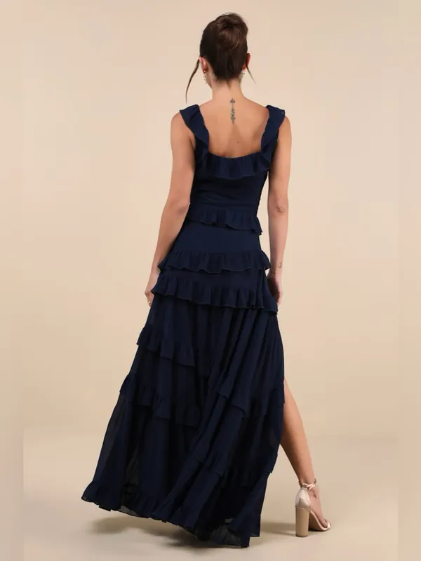 LULU’S Compelling Romantic Dark Blue Ruffled Tiered Maxi Dress - Image 3