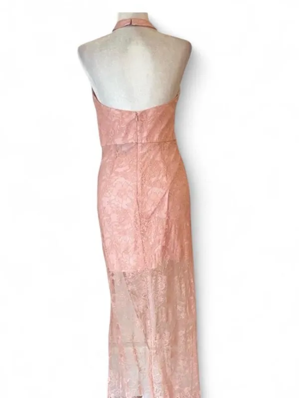NBD Revolve Dusty Pink Lace Halter Gown Cottagecore Barbie Formal Dress M Prom - Image 3