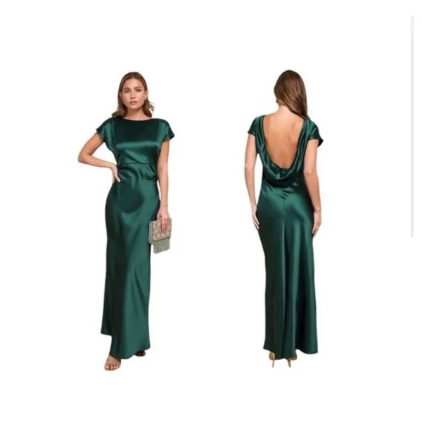 Lulus Captivating Presence Cowl Back Satin Maxi Dress small Green Formal NWT - Image 3
