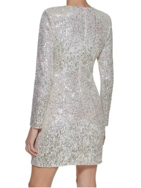 Eliza J Silver Long Sleeve Sequin Mini Dress, Party Cocktail Holiday, Size 4 - Image 2