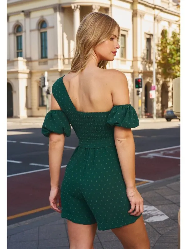 NWT Cupshe One-Shoulder Green Romper With Puff Sleeves & Tie Waist - Size: Small - Image 8