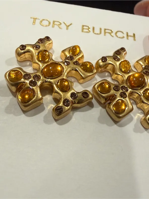 Tory Burch | Gold Plated Icon Logo and Rich Bronzy Enamel Stud Earrings | Sm/Med - Image 3