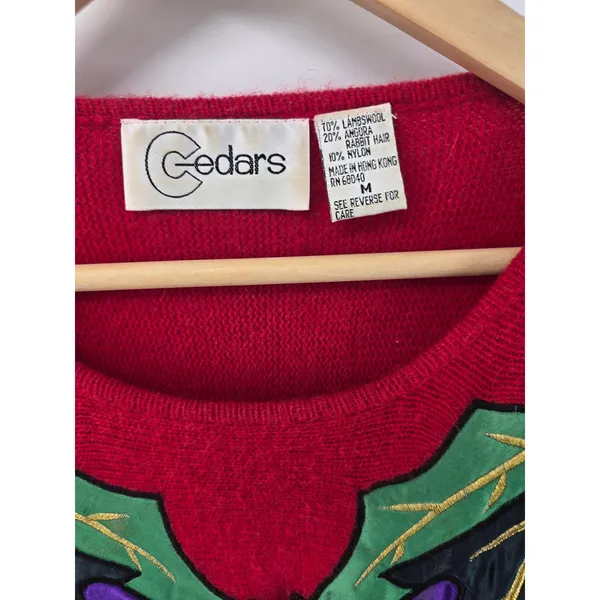 Cedars Sweater‎ Womens M Wool Angora Christmas Holly Bow Red Beaded Vintage - Image 2