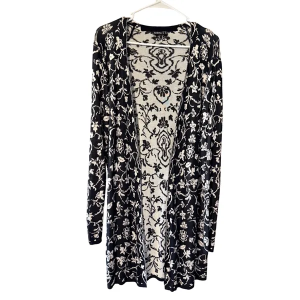Janina Black White EU‎ 42, US Large Duster Cardigan Open Front Midi Sweater - Image 3