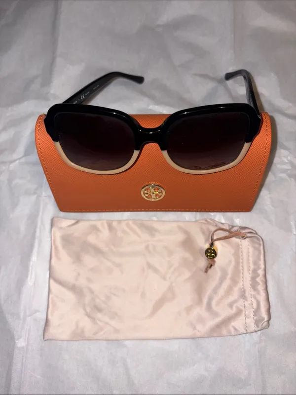 Tory Burch Black and Beige Oversized Women's Sunglasses with Orange Logo Case - Image 4