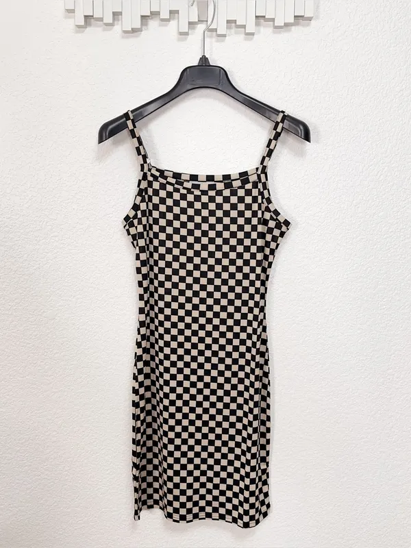 Miss Sparkling Black Cream Checkerboard Cami Mini Dress Y2K - Image 2