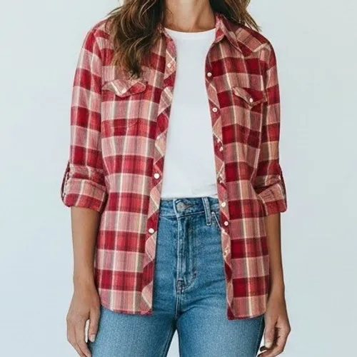 American Eagle Outfitters Red Plaid Western Sheer Button Down Shirt Small - Image 5