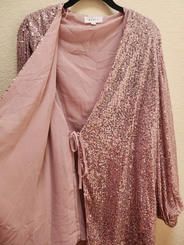 Mable Sequin Long Sleeve Wrap Dress Size Medium Pink - Image 6