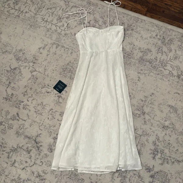 Lulus Loveliest Looks White Floral Jacquard Tie-Strap Midi Dress Medium Bridal - Image 5