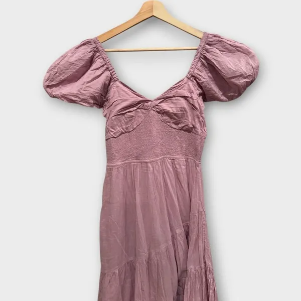 FREE PEOPLE Sundrenched Smocked Puff Sleeve Maxi Dress Size Medium - Image 5