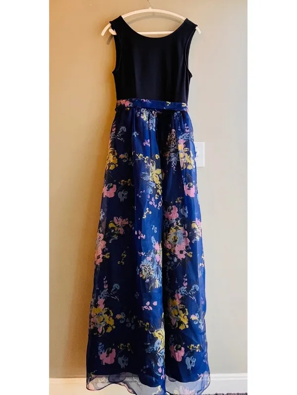 ModCloth Navy Blue Sleeveless Maxi Dress with Floral Organza Overlay and Waist S - Image 2