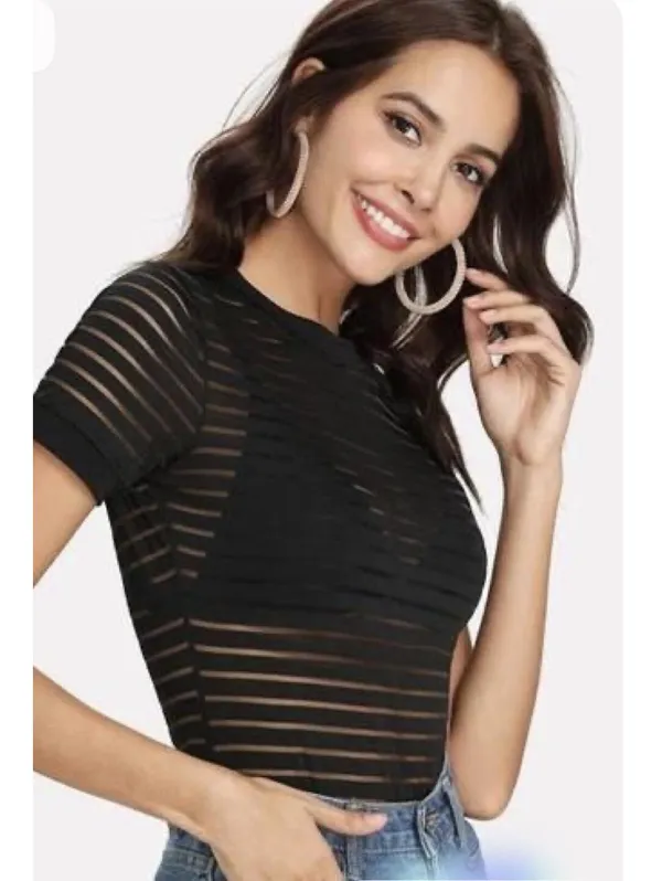 Women's Striped Bodysuit Blouse Size L Black Size L - Image 2